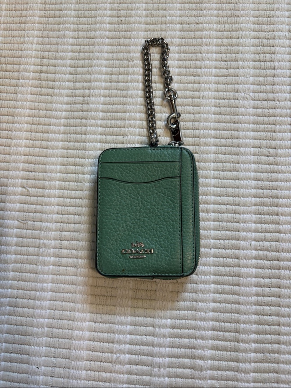 Coach Mint Green Pebbled Leather Zip Card Holder with Chain